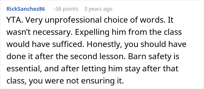 A user comment on Reddit discussing a disruptive kid and his toxic mom in a stable safety situation.
