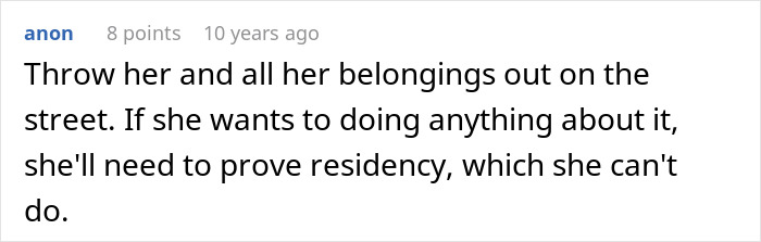 Screenshot of a comment discussing kicking out a friend&rsquo;s girlfriend and proving residency in a home dispute.