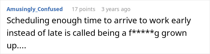 Screenshot of a Reddit comment discussing arriving to work early versus being late and employee revenge on a colleague.