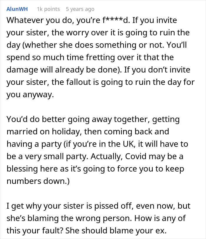Comment discussing concerns about sister potentially sabotaging wedding due to past incident and uninviting her.