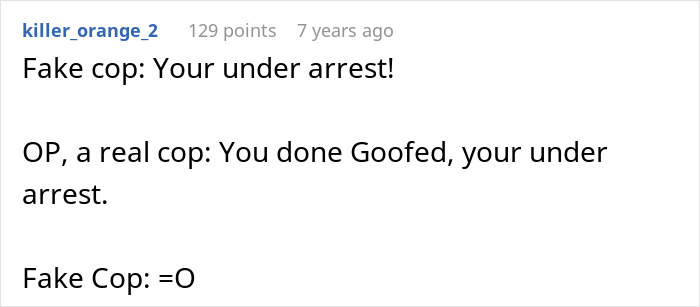 Reddit comment discussing a homophobic MIL trying to arrest son&rsquo;s boyfriend using a fake cop despite the boyfriend being a real police officer.
