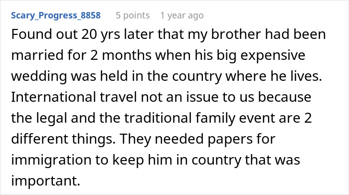 A reddit post sharing an anecdote about a couple legally marrying before their wedding ceremony, easing bride's panic.