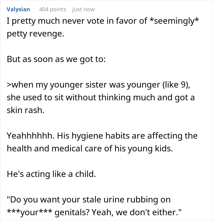 A Reddit post details a daughter's disgust at her gross dad wetting the toilet seat, leading to her sister's skin rash.