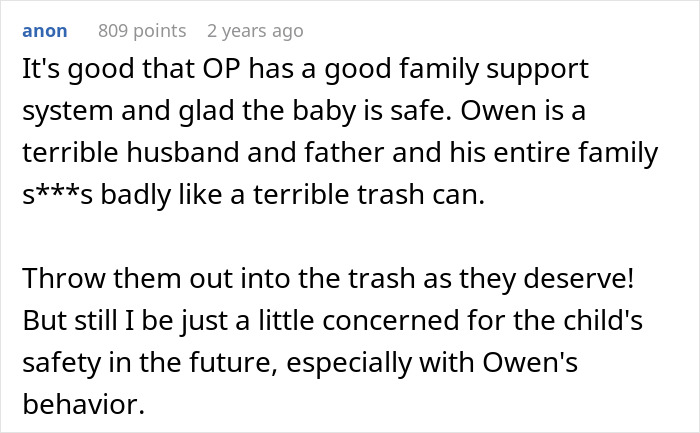 A Reddit comment about a man's behavior affecting his donor baby and family, highlighting concerns for the child's safety.