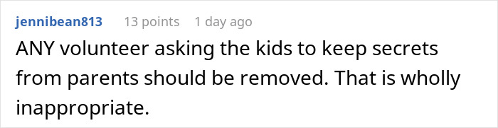 Screenshot of an online comment discussing a parent noticing a kid received food they were not supposed to and volunteer removal.