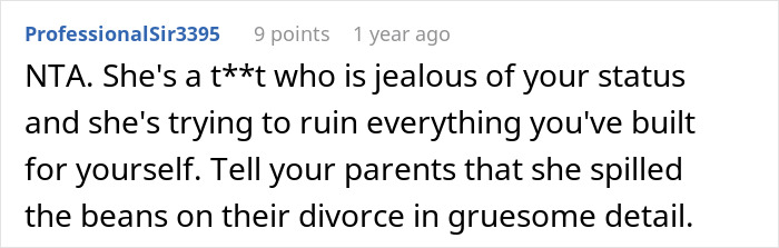 Screenshot of an online comment discussing jealousy and family conflict after a CEO hires her sister following downsizing.