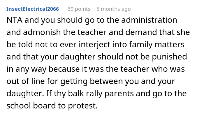 Comment discussing a teacher grabbing kids in front of a mom and the backlash faced for the action.