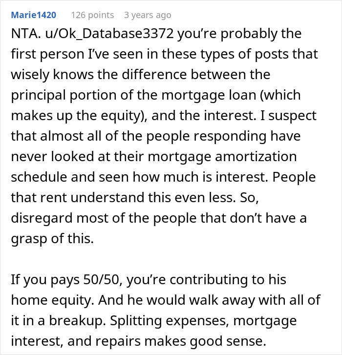 A screenshot of a Reddit comment regarding a woman called a leech for not splitting a BF's mortgage 50/50.
