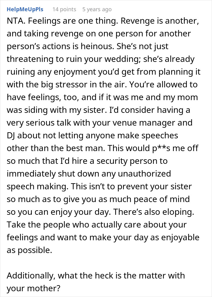 Comment discussing woman worries sister will sabotage wedding due to past incident and considering uninviting her for peace of mind.
