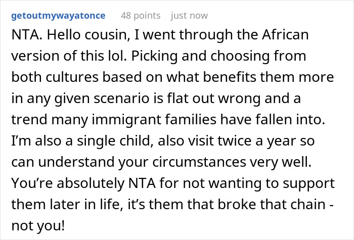 Screenshot of a social media comment discussing independence and lack of support from parents after being pushed to be independent.