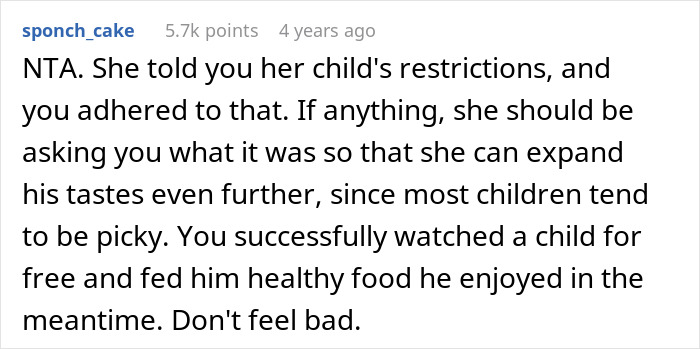 Reddit comment supports babysitter as NTA for adhering to childs restrictions, regarding mom trying to transition son vegan.