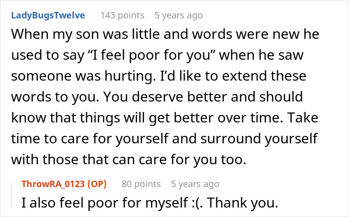 Text conversation about feeling poor for others, offering support and encouragement to improve over time and save marriage.