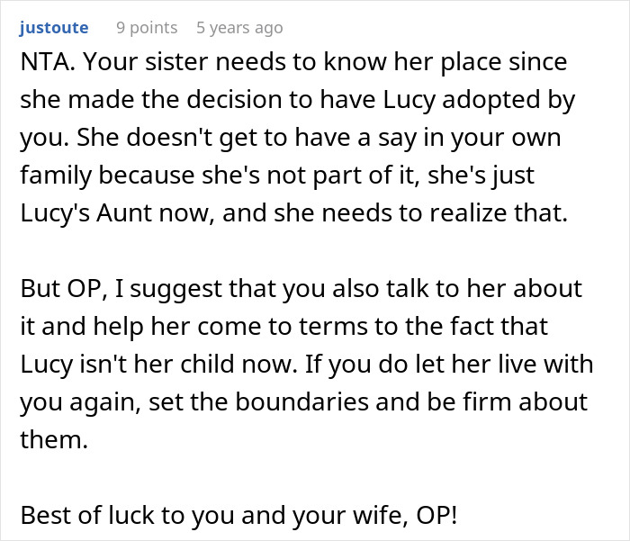 Comment discussing sister's decision to adopt child and setting firm boundaries in family dynamics.