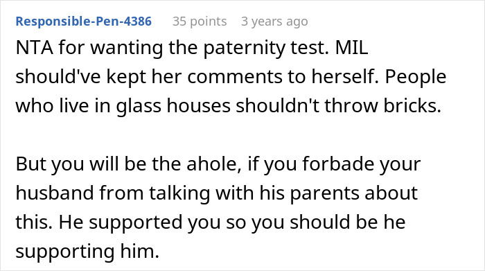 A Reddit comment discusses an infidelity situation, mentioning a DNA test and unraveling a MILs secret.