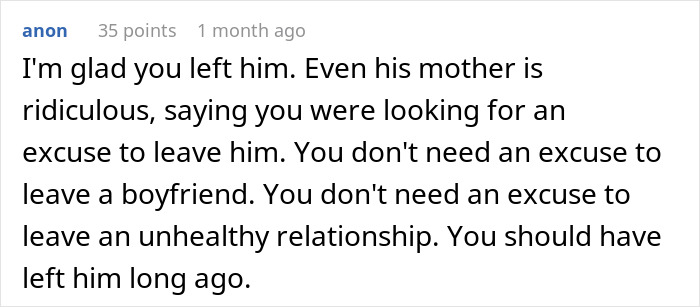 Screenshot of an online comment supporting a woman ending a relationship over one cent, emphasizing liberation from an unhealthy relationship.