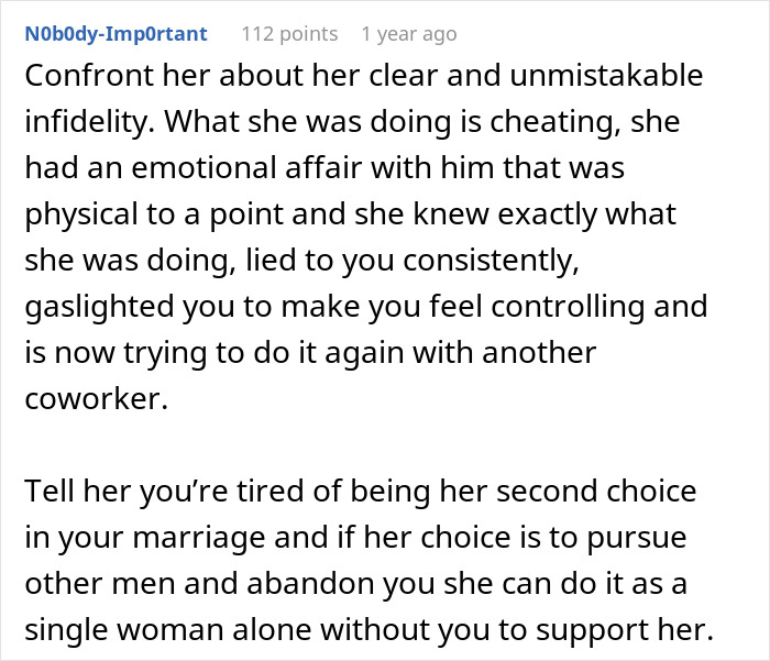 A Reddit comment advises someone to confront their wife about her infidelity with a male coworker and her gut feeling.