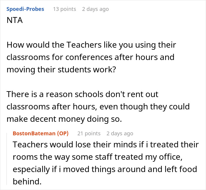 A Reddit discussion showing how school office staff keeping using classrooms leads to issues, highlighting a locking problem.