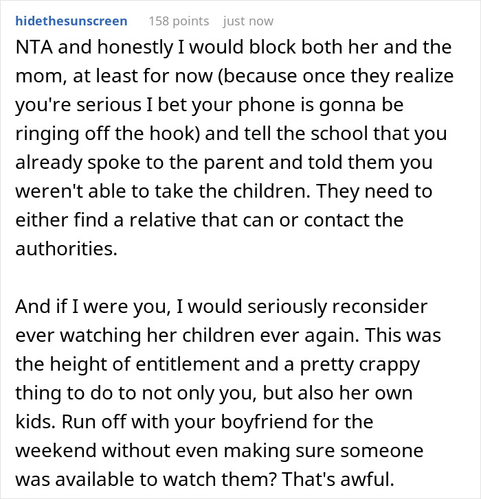 Reddit comment advising to block single mom who expects friend to drop work and care for autistic kid without notice.