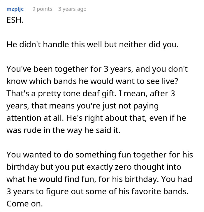 Reddit comment discussing a woman buying concert tickets for her boyfriend who loves bands and his emotional reaction.