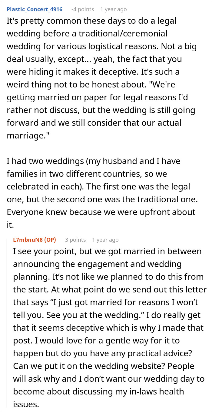 Reddit discussion about a couple legally marrying before their wedding ceremony, with the bride panicking about guests' reactions.