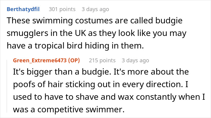 Comment section showing a user explaining swimming costumes and another describing hair poofs while discussing uncomfortable family moments.