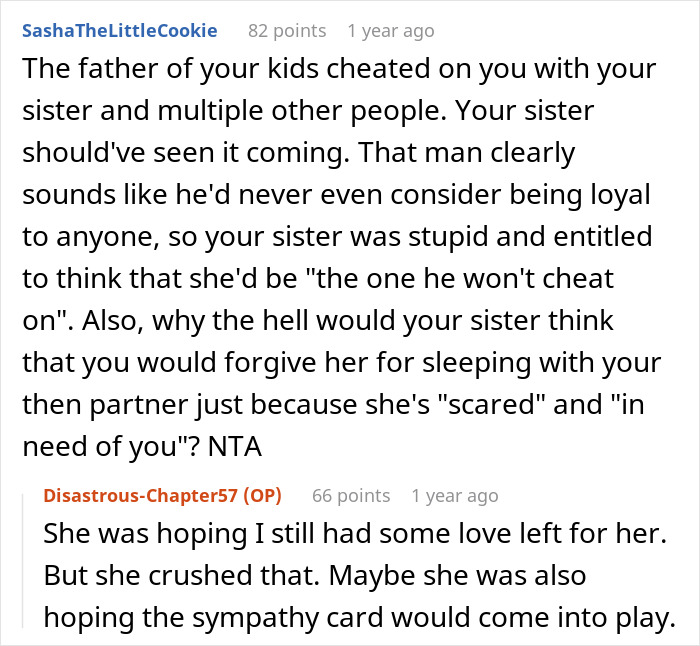 Screenshot of an online discussion about a woman facing karma after cheating with sister&rsquo;s baby daddy and seeking sympathy.