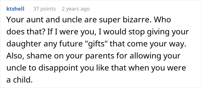A Reddit comment saying, "Your aunt and uncle are super bizarre... shame on your parents for allowing your uncle to disappoint you".