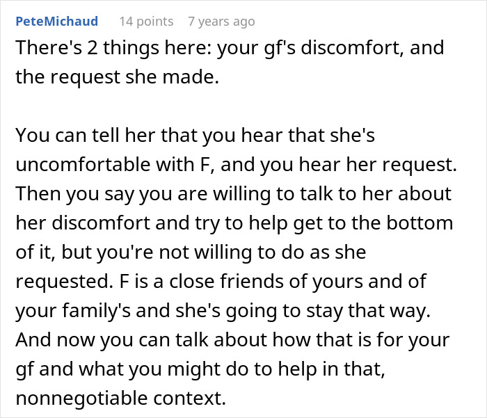 Screenshot of an online comment discussing a woman breaking up after seeing her boyfriend’s close female friend’s family ties. Screenshot of an online comment discussing a woman breaking up after seeing her boyfriend’s close female friend’s family ties.