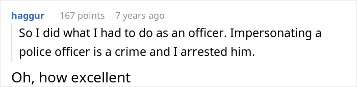 Comment text showing a user explaining arrest made by real police officer after fake cop impersonation in a homophobic MIL story.
