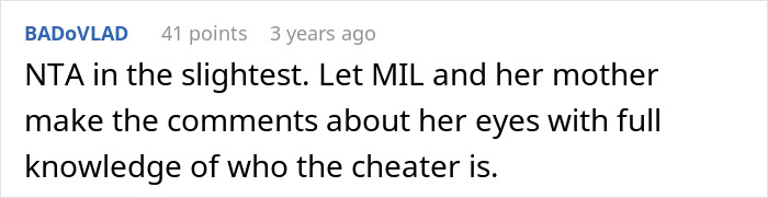 A Reddit comment from BADoVLAD, 3 years ago, saying NTA, let MIL's dark secret unravel with the truth.