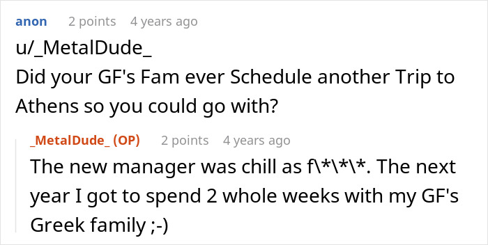 Reddit comments showing an employee's perfect revenge on a horrible boss, leading to a trip to Athens.