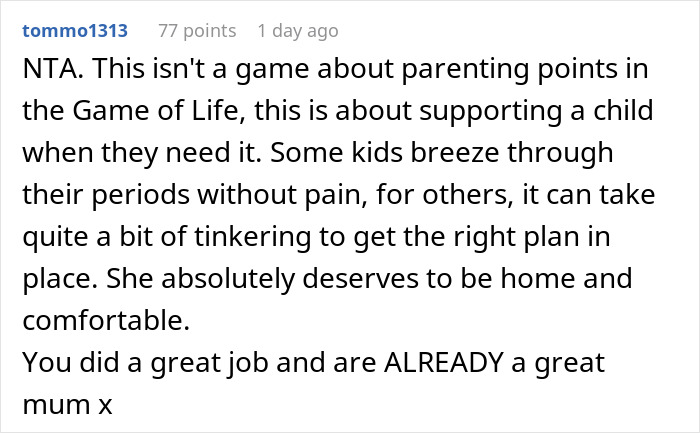 A comment from tommo1313 on a post about a cruel mom, discussing parenting and supporting a child during their period.