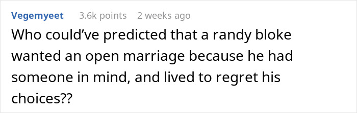 Screenshot of a social media comment discussing open marriage regrets and personal choices in relationships. Screenshot of a social media comment discussing open marriage regrets and personal choices in relationships.