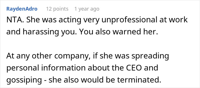 Screenshot of a Reddit comment about unprofessional behavior and gossip involving a CEO and workplace termination.