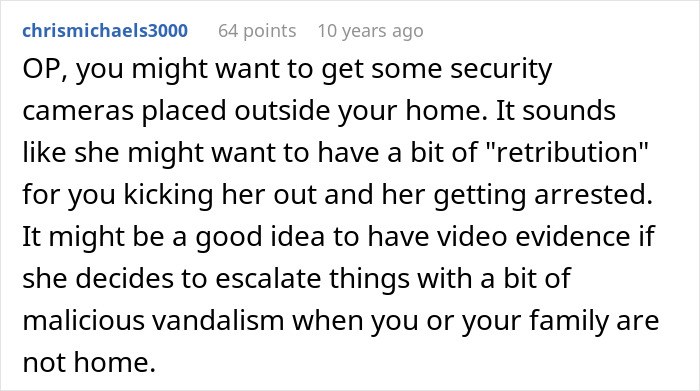 Reddit comment advising to install security cameras after man kicks out friend&rsquo;s girlfriend calling the police at his house.