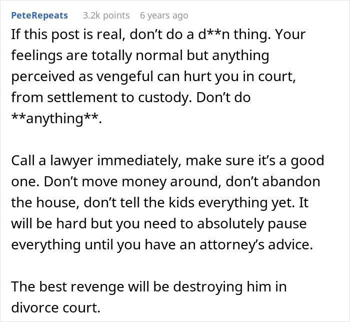 A Reddit post advises a woman on how to proceed after finding her husband's secret wife, emphasizing legal consultation.