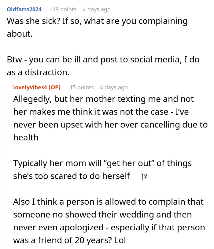 A Reddit thread discussing a best friend skipping a wedding, hurting the bride's heart. Comments debate reasons and excuses.