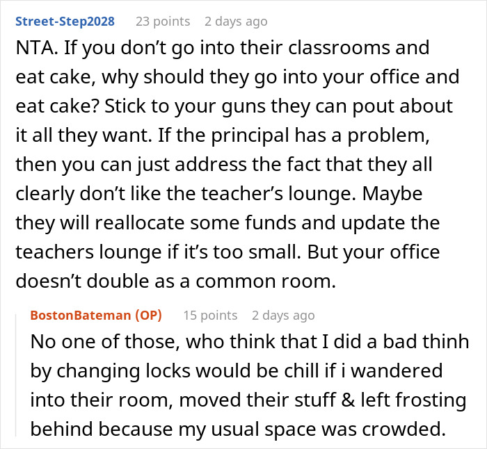Reddit comments discussing school office locking after staff kept using it without permission.