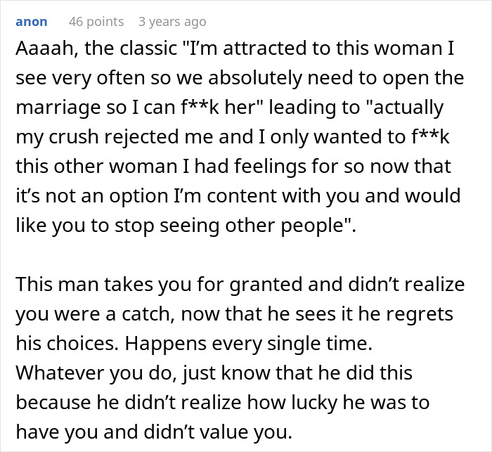 Comment discussing a woman rediscovering herself after her husband proposes an open marriage and she refuses to close it. Comment discussing a woman rediscovering herself after her husband proposes an open marriage and she refuses to close it.