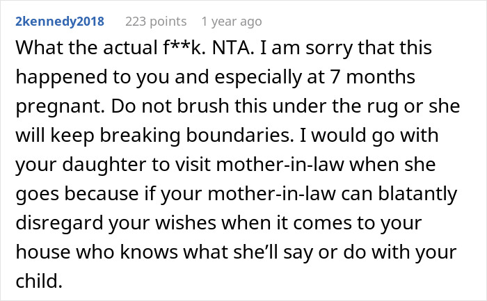 A Reddit comment advising a pregnant woman to set boundaries with her MIL who broke something inside her house.