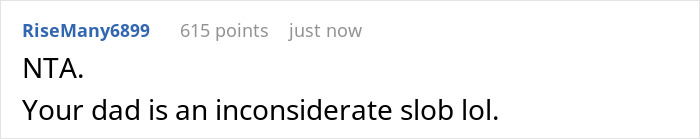 An online comment says 'NTA. Your dad is an inconsiderate slob lol.' in response to a gross dad situation.
