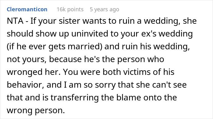 Worried woman fears sister might sabotage wedding due to past incident and considers uninviting her to avoid drama.