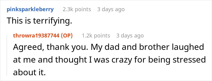 A Reddit comment section about a friend visiting a couple's home, where a woman is alone and hubs notices strange behavior.