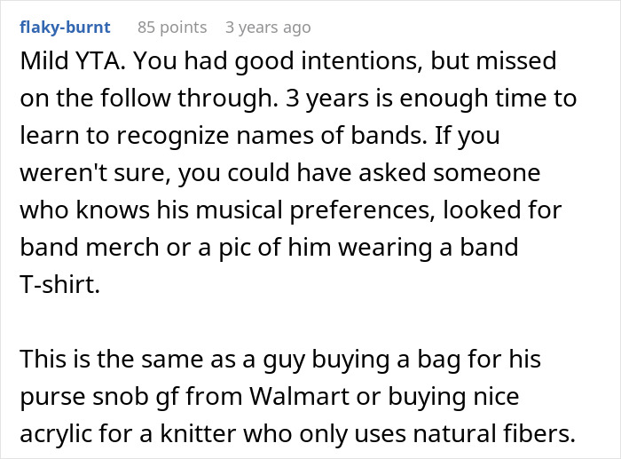 Comment discussing a woman buying concert tickets for her boyfriend who loves bands and his emotional reaction.