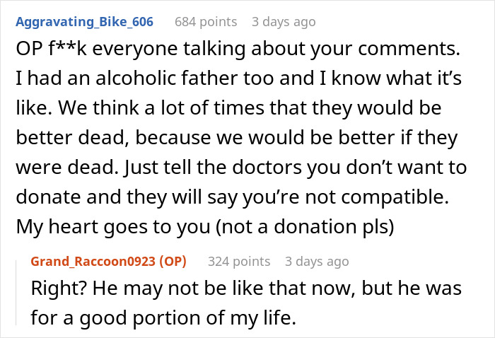 Commenter discusses refusing to donate kidney to 77-year-old dad, mentioning emotional struggle and medical advice.