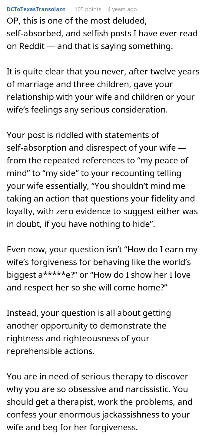 A Reddit post criticizing a man who demanded a paternity test and lost his family.