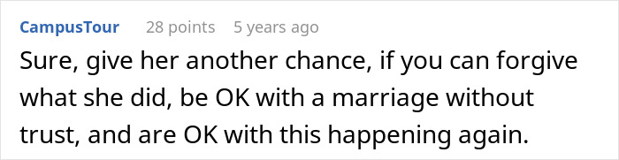 A Reddit comment suggesting giving someone another chance after an affair, if OK with a marriage without trust, referencing the woman ruins her marriage keyword.