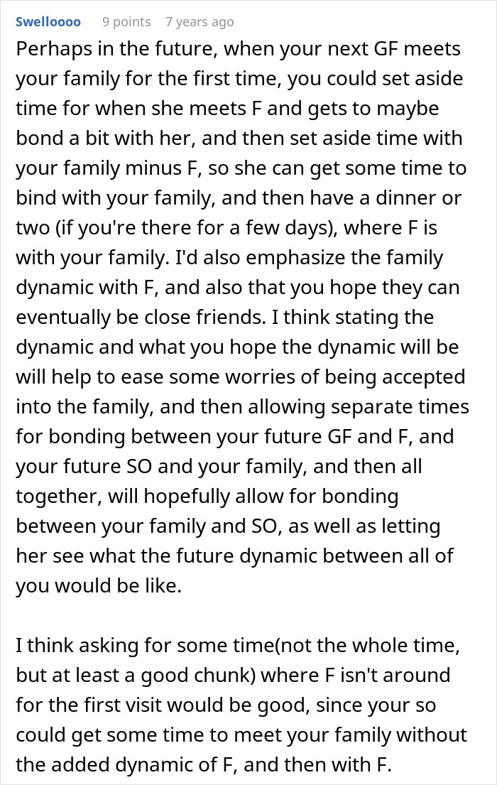 Text on screen showing relationship advice about bonding time between girlfriend, female friend, and family dynamics. Text on screen showing relationship advice about bonding time between girlfriend, female friend, and family dynamics.