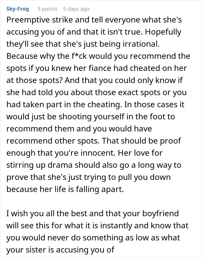 Screenshot of a forum comment discussing accusations related to a woman and her sister&rsquo;s fianc&eacute;, family conflict visible.