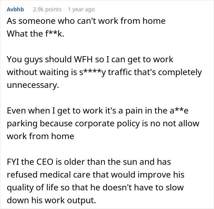 Comment expressing frustration over commute and corporate work from home policy after WFH was canceled. Comment expressing frustration over commute and corporate work from home policy after WFH was canceled.